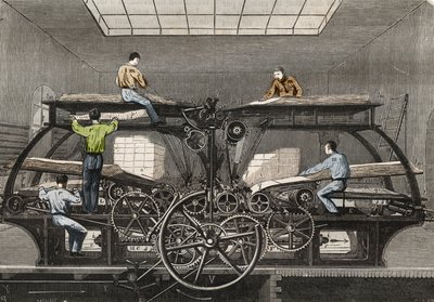 印刷机：巴黎 "Le Siecle "报纸的印刷机。1857年在 "Le Musee Des Sciences "中的雕版画 作者 未知艺术家