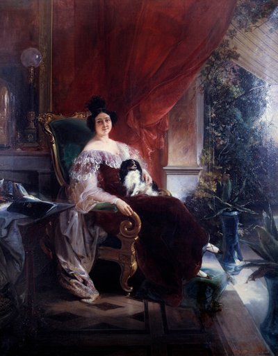 隐私，带狗的女士。 一只狗坐在阳台上的女人身上。 弗朗索瓦·布尔博 (Francois Bourbot) 的绘画（19 世纪） 作者 未知艺术家
