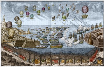 1803年拿破仑一世对英国的攻击（入侵）计划--法国军队走过英吉利海峡隧道，而船只和气球则从海上和空中进行攻击--1803年的雕刻。 作者 未知艺术家