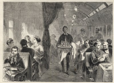 1869年太平洋铁路的普尔曼餐车--太平洋铁路上的马车旅馆内--。 作者 未知艺术家
