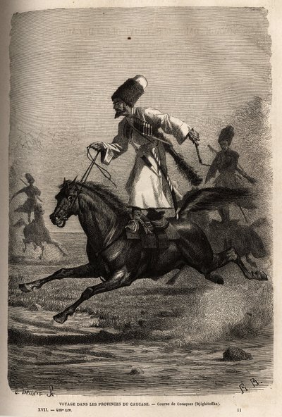 Race of Cossacks, climbs in balance standing on their saddle, riders whip their horses to make them gallop. Engraving to illustrate the voyage in the provinces of the Caucasus, by Basile Vereschaguine, in 1864-1865, published in “” Le tour du monde, nouvea 作者 未知艺术家