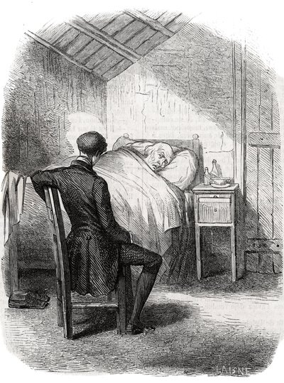 拉斯蒂纳克独自留在老人身边，坐在床脚......19世纪中期的版画。为Honore de Balzac (1799-1850)的 "父亲Goriot "提供插图。 作者 未知艺术家