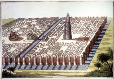 重建的巴比伦古城景观，包括围墙、空中花园和金字塔。 作者 未知艺术家
