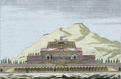 重建意大利帕莱斯特里纳的福尔图纳神庙（罗马机会之神）。 19 世纪的雕刻 作者 未知艺术家