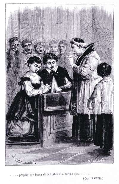伦佐和露西亚的婚礼。 亚历山德罗·曼佐尼（Alessandro Manzoni，1785-1873 年）的“未婚夫”（I promessi Sposi）雕刻 作者 未知艺术家