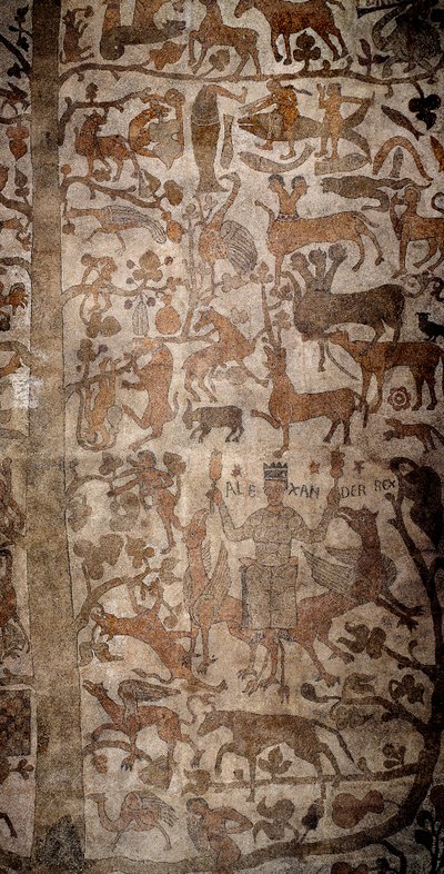亚历山大大帝（公元前 356-323 年），马其顿国王和波斯征服者的代表，在征服印度、大洪水、丢卡利翁和皮拉期间包围了印度动物群。 Pantaleone 的路面（或 Pantaleon 作者 未知艺术家