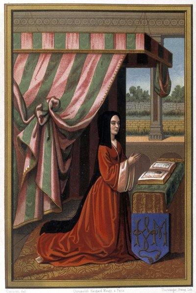 被称为 Anne de Beaujeu (1461-1522) 的 Anne de France 在祈祷中的代表。 她是路易十一和夏洛特·德·萨瓦的女儿。 光照后的色谱法。 作者 未知艺术家