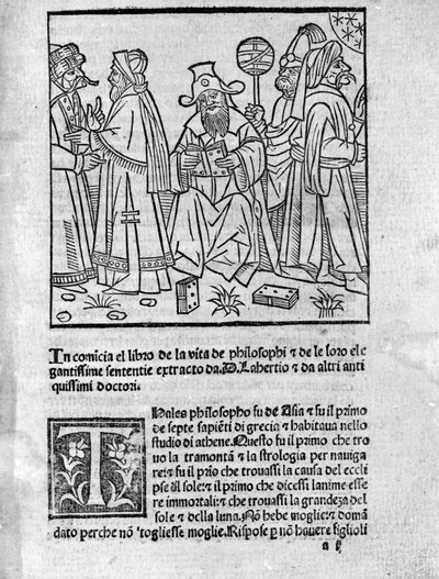Diogene Laerce(120-240)(中间)围绕着各种思想家和哲学家的代表画像 页面取自诗人和历史学家Diogene Laerce(120-240)的《杰出哲学家的生活、学说和句子》(Vitae Philosophorum) 1495年 作者 未知艺术家