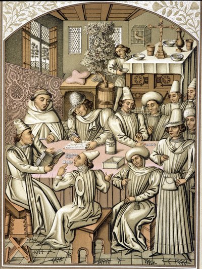 Representation of civil servants in the 14th century. chromolithographfrom the book of accounts of the confraternity “Dio e Nostra Signora”” 作者 未知艺术家