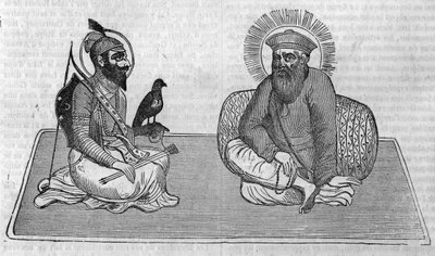 代表锡克教（或锡克教）的创始人。古鲁-纳纳克（1469-1539）和古鲁-戈宾德-辛格（1666-1708）。在 "Le magazin picturesque" 1836年 作者 未知艺术家