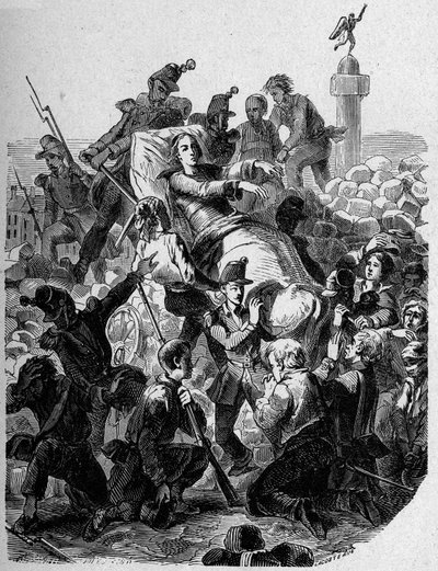 1848年革命。"1848年，大主教德尼-阿弗尔（1793-1848）伤痕累累，穿在担架上。" 作者 未知艺术家