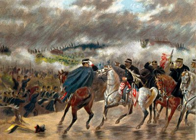 Risorgimento - 意大利战役（1859 年）：维克多·伊曼纽尔二世（Vittorio Emanuele II）（Victor-Emmanuel）（1820-1878 年）在圣马蒂诺战役期间于 24/06/1859 率领皮埃蒙特军队对抗奥地利军队。 私人收藏 作者 未知艺术家