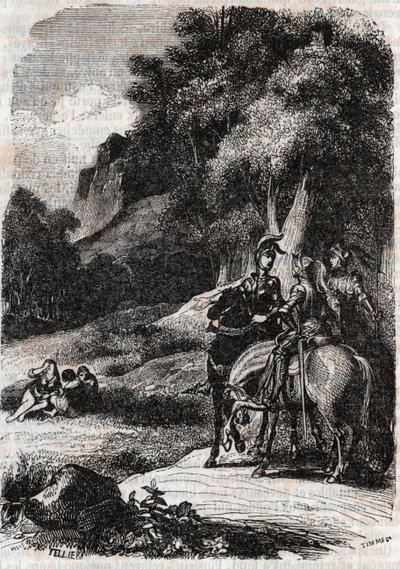 罗杰（Ruggero，Ruggiero）、玛菲莎（Marphise）和三个女人--1851年的雕刻，出自路多维科-阿里奥斯托（Ludovico Ariosto）的《罗兰-弗里欧斯》（Orlando furioso）（16世纪），称为阿里奥斯托--由特雷桑伯爵从意大利语翻译的版本，并由其出版。 作者 未知艺术家