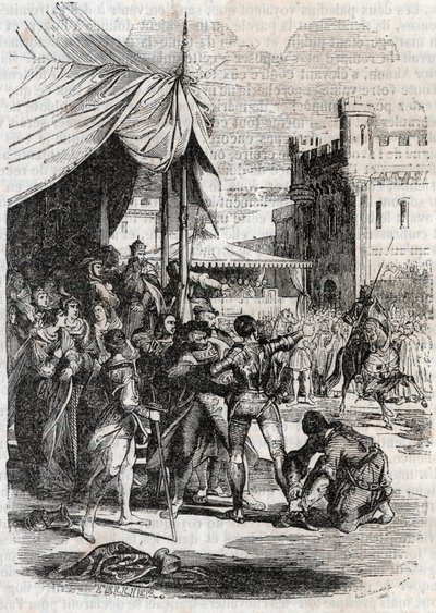 罗杰(Ruggero，Ruggiero)在战斗中藐视着罗多蒙(Rodomonte)--1851年的雕刻，出自路多维科-阿里奥斯托的《愤怒的罗兰》(Orlando furioso)(16世纪)，被称为阿里奥斯塔--由特雷桑伯爵从意大利文翻译的版本并出版 作者 未知艺术家
