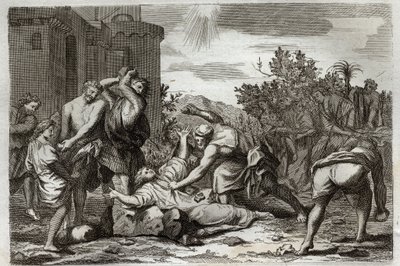 罗亚蒙圣经，新约。圣司提反，第一位基督教殉道者，死于石刑。1811年的插图。 作者 未知艺术家