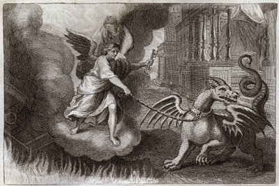 罗亚蒙圣经，新约。龙的锁链。启示录中的龙，是魔鬼的象征，被一个手持钥匙的天使锁住。1811年的插图。 作者 未知艺术家