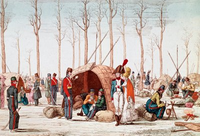 1814 年 3 月 31 日在法国巴黎香榭丽舍大街露营的俄罗斯士兵（版画） 作者 未知艺术家