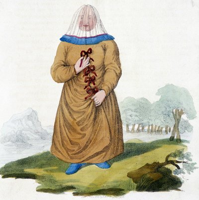 穿着传统服装的 Ostiak 部落的俄罗斯妇女（Khanty 或 Khante：古西伯利亚猎人，在鄂毕河谷中部的森林地区建立）。 作者 未知艺术家