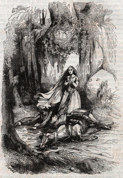 萨克里潘特（Sacripante）在安吉里卡（Angelica）面前脱口而出--1851年的雕刻，出自卢多维科-阿里奥斯托的《罗兰-弗里欧斯》（Orlando furioso）（16世纪），被称为阿里奥斯塔--由特雷桑伯爵从意大利语翻译的版本，并被称为 "阿里奥斯塔"。 作者 未知艺术家