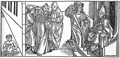 圣塞维林。 Voragine (1228-1298) 的 Jacobus (James) 的“Leben der Heiligen - sommsteil”（圣人之书）雕刻。 杜贝克 1488。 作者 未知艺术家