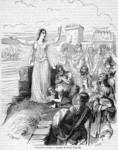 圣热纳维耶夫（Sainte Geneviève）组织了对阿提拉大军的防御，并让巴黎人民放心--见安凯尔的《法国历史》。 作者 未知艺术家
