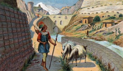 消失的王国的场景。Chaussee of the Incas 19世纪的彩色石版画。 作者 未知艺术家
