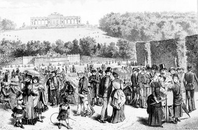 美泉宫公园 (Schonbrunn Park) 是一座宫殿和花园的综合体，距离维也纳不远，自 18 世纪以来就是哈布斯堡家族的夏宫。 19 世纪的石版画。 作者 未知艺术家