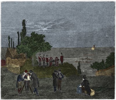 科学实验：计算声速，由 Humboldt、Louis-Joseph Gay-Lussac (Louis Joseph Gay Lussac)、Bouvard、Prony 和 Mathieu 所著，它确定了光感知与枪声感知之间的时间间隔， 在晚上 作者 未知艺术家