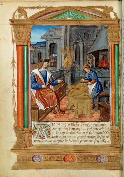 雕塑：一位大师控制着他的学徒的工作，雕刻一只鹰。来自 "Roman de Theseus de Cologne et de Godifer "的微型画，16世纪巴黎，B.N. 作者 未知艺术家