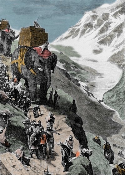 第二次布匿战争。 公元前 218 年，汉尼拔·巴尔卡的军队穿越阿尔卑斯山。 19 世纪的意大利版画。 作者 未知艺术家