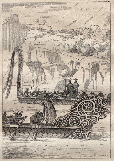 詹姆斯-库克船长（1728-1779）的第二次航行（1772-1775）。新西兰岛人的战争独木舟（Neo Zelandaises）--插图摘自 "18世纪的伟大航海家" 作者 未知艺术家