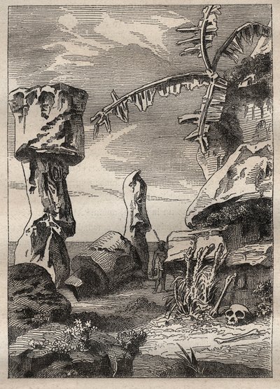 詹姆斯-库克船长（1728-1779）的第二次航行（1772-1775）：复活节岛的纪念碑（纪念性雕像，摩艾）--插图摘自 "18世纪伟大的航海家" 作者 未知艺术家