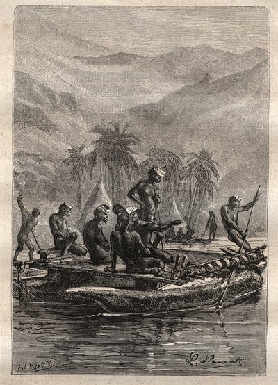 詹姆斯-库克船长（1728-1779）的第二次航行（1772-1775）：当地人有足够的信心接近和交换（新喀里多尼亚）--插图取自 "18世纪伟大的航海家" 作者 未知艺术家