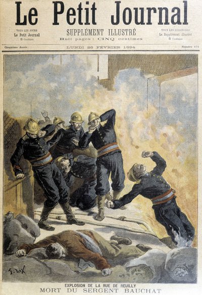 Bauchat 中士在 rue de Reuilly 爆炸后在消防队员中丧生。 1894 年的“小杂志”插图。 作者 未知艺术家