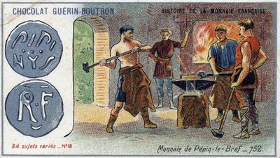 由Chocolat Guérin Boutron出版的《法国货币史》系列。19世纪的彩色石版画。佩平在752年的货币简报 作者 未知艺术家