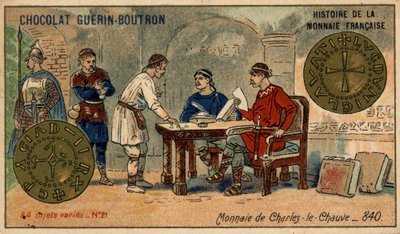 由Chocolat Guérin Boutron出版的《法国货币史》系列。19世纪的彩色石版画。840年查理秃头的硬币 作者 未知艺术家