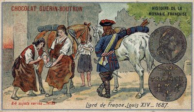 由Chocolat Guérin Boutron出版的《法国货币史》系列。19世纪的彩色石版画。来自法国的利亚德。1687年的路易十四 作者 未知艺术家