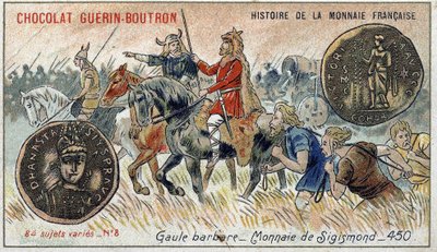 由Chocolat Guérin Boutron出版的《法国货币史》系列。19世纪的彩色石版画。野蛮人高卢。西吉斯蒙德货币。 作者 未知艺术家
