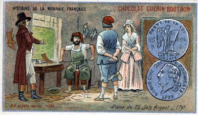 系列Histoire de la Monnaie Française由Chocolat Guérin Boutron出版。Chromolithography 19世纪。1791年的15枚银壤硬币 作者 未知艺术家