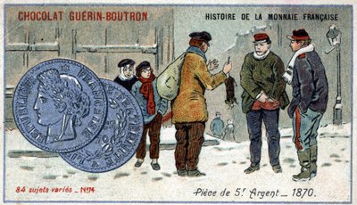 由Chocolat Guérin Boutron出版的《法国货币史》系列。19世纪的彩色石版画。1870年的5法郎银币 作者 未知艺术家