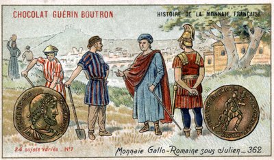 由Chocolat Guérin Boutron出版的《法国货币史》系列。19世纪的彩色石版画。朱利安时期的加洛罗马硬币 作者 未知艺术家