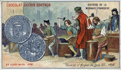 由Chocolat Guérin Boutron出版的《法国货币史》系列。19世纪的彩色石版画。路易十二的银骑兵。1498 作者 未知艺术家