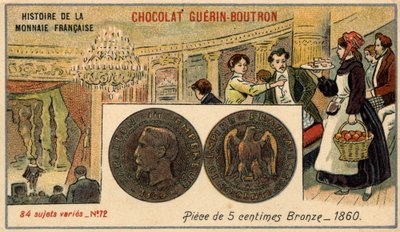 由Chocolat Guérin Boutron出版的《法国货币史》系列。19世纪的彩色石版印刷。1860年的5分铜币。拿破仑三世。 作者 未知艺术家