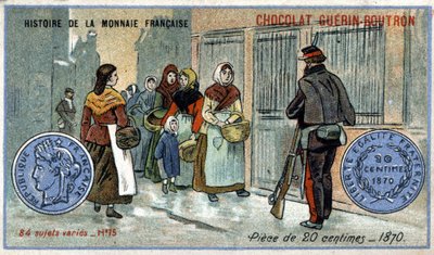 由Chocolat Guérin Boutron出版的《法国货币史》系列。19世纪的彩色石版印刷。1870年的20分硬币 作者 未知艺术家