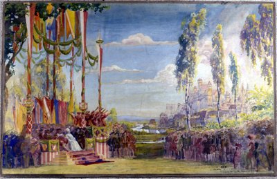 为理查德·瓦格纳 (Richard Wagner) 的歌剧“Die Meistersinger”或“Les maitres singteurs de Nuremberg”而设置。 第二幕。 作者 未知艺术家
