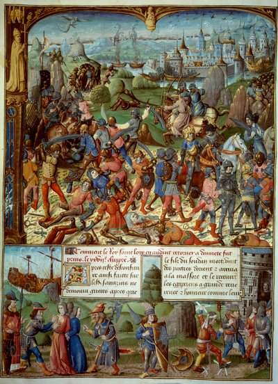 第七次十字军东征（1248-1254）。 在上面，法国国王路易九世（圣路易斯）（1215-1270）在 1250 年在曼苏拉被撒拉逊人击败后带着过境点。他们撤退到大马士革的塔楼后面。 路易九世和他的两个兄弟被捕 作者 未知艺术家