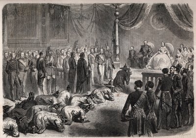 在拿破仑三世（1808-1873）、欧也妮（Eugenia de Montijo）的见证下，暹罗大使在枫丹白露庄严的觐见中向法国皇室爬行。 作者 未知艺术家