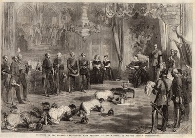 暹罗大使在访问温莎城堡时向维多利亚女王伊雷（1819-1901）和阿尔伯特王子（1819-1861）爬行。雕刻于1857年12月5日的《图解伦敦新闻》。 作者 未知艺术家