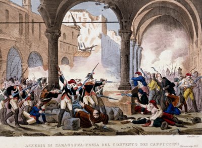 1808年对萨拉戈萨（Zaragoza）的围攻和嘉布遣修道院。这一时期的彩色雕版画。米兰 作者 Unknown artist