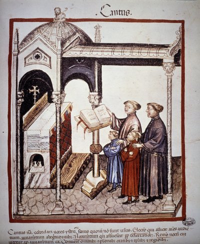 唱歌（一个家庭在教堂里唱歌）——在 14 世纪的“”Tacuinum Sanitatis”中。 B.N，维也纳。 作者 未知艺术家